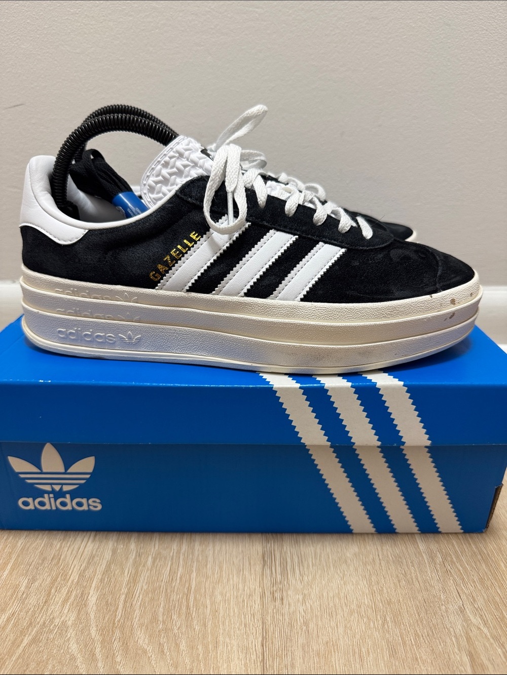 Women’s adidas Gazelle Bold Black & White Suede Platform Sneakers
